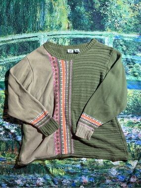 Lee Olive & Khaki Sweater with Multicolor Embroidered Trim